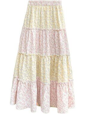 Boho Floral Maxi Skirt - Plaid Ruffle Flowy Long Skirt for Summer Style